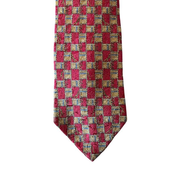 Fumagalli ITALY 100% Silk Tie Red Gold Geometric Check Sartorial Luxury - Picture 16 of 16